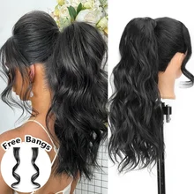 Vigorous Synthetic Long Wavy Ponytail Hairpiece Wrap on Clip Hair Extensions with Bangs Clips Front Two Side Fringe for Women