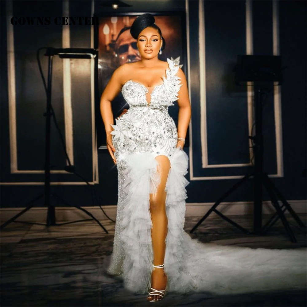 

Luxury One Shoulder Sliver Crystals White Slit Aso Ebi Mermaid Evening Gowns New Design Ladies Dresses For Special Occasion