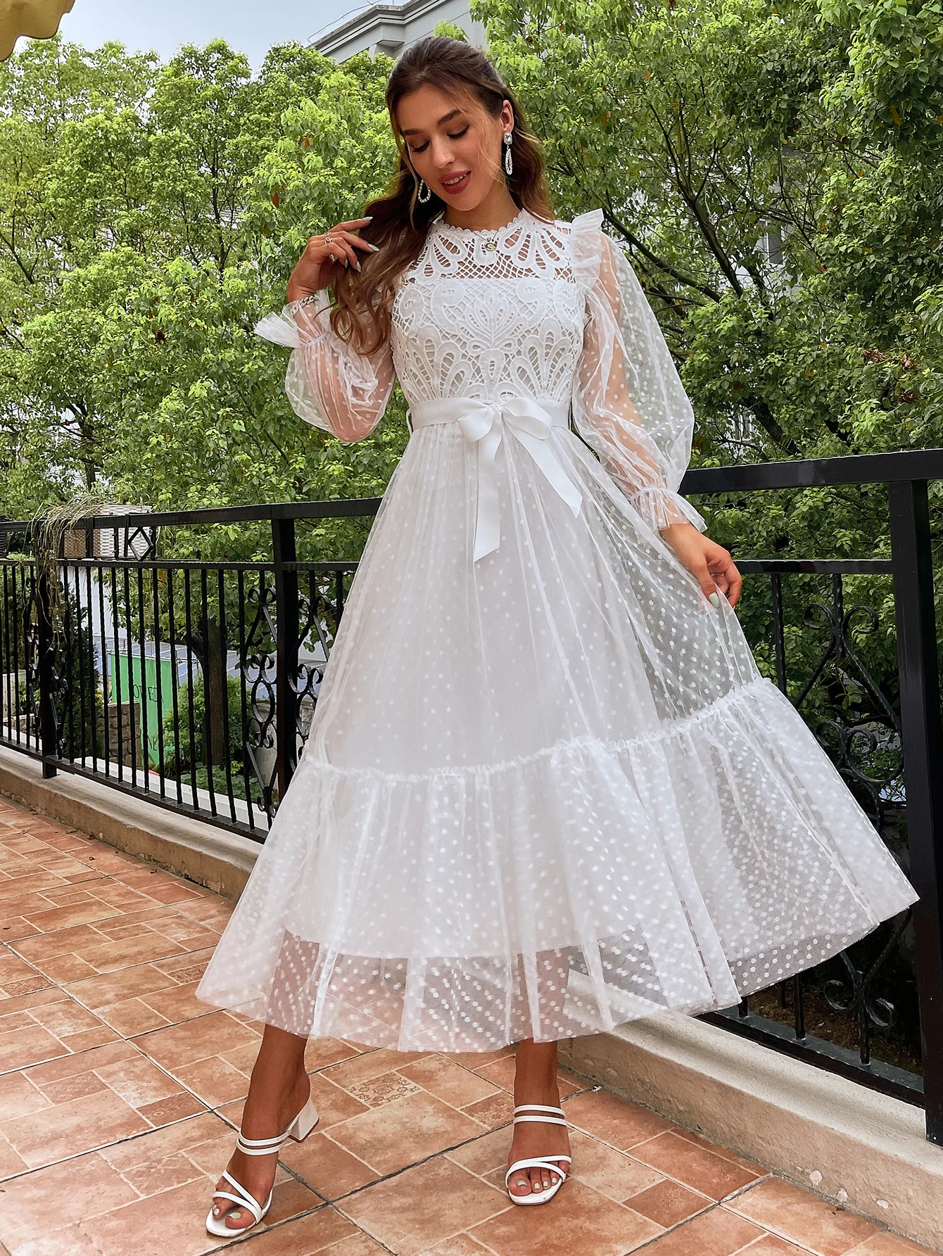 

Simplee Elegant lantern sleeve lace party dress women Wedding guest sash transparent even dresses White bridesmaid vestido