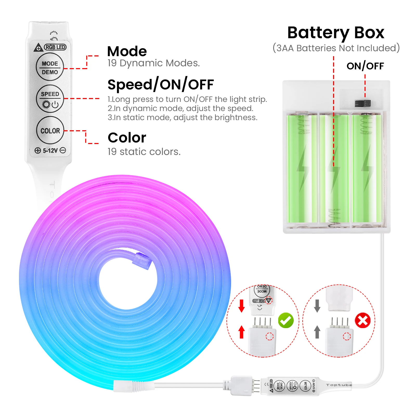3AA Battery Powered 5V RGB Color-changing LED Neon Strip Light 1M 2M 3M Waterproof With Bluetooth Remote Control For Home Decor (art.: 3920cf4ff4a4e) - 3920cf4ff4a4e