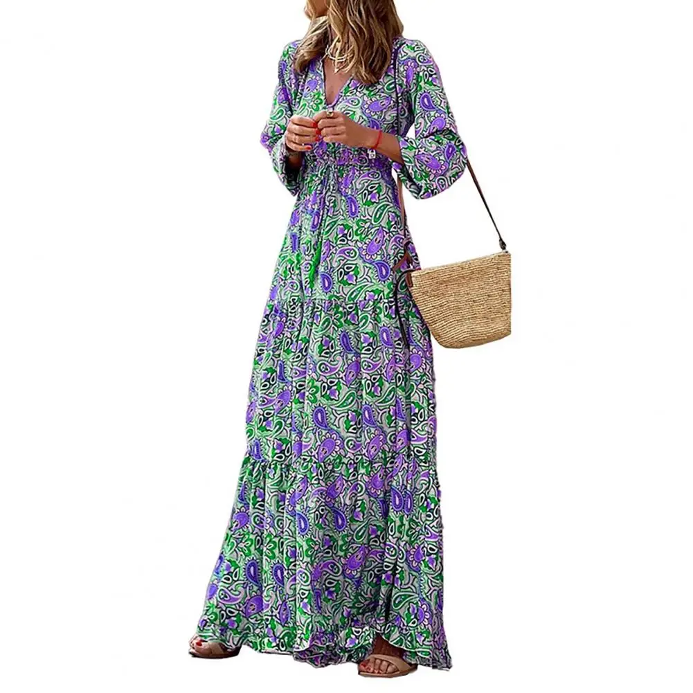 

Bright-colored Modern Casual Lady Travel Summer Long Dress 4 Sizes Maxi Dress V Neck for Dating Wear