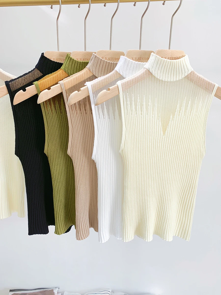 

Halter Neck Knitwear Mesh Semi-high Neck Knitted Small Vest Female Undershirt Sweater Sleeveless T-shirt Short Tanks Female