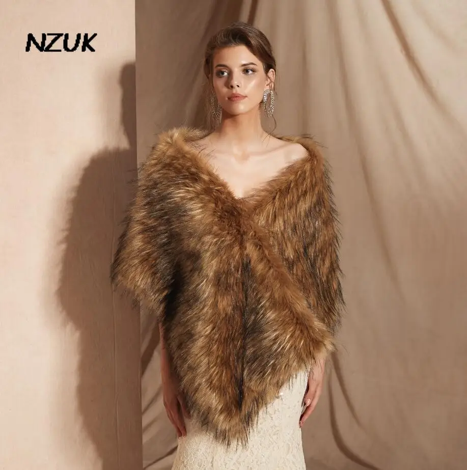 

NZUK Winter Faux Fur Wrap Bolero De Fiesta Women Bridal Shawl Fur Wedding Cape Brown Coffee Shrug Stoles Party Boleros jacket
