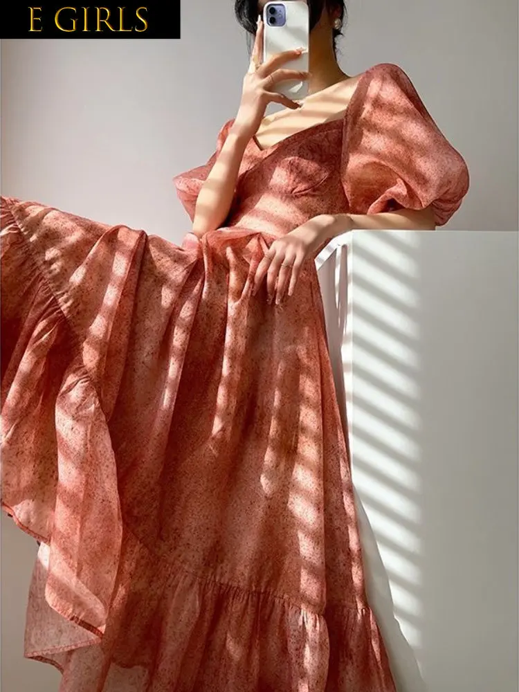 

Elegant Party Dresses For Women 2023Short Sleeve French Elegant Dress Woman Beach Chiffon Fashion Midi Dress Office Lady Retro E