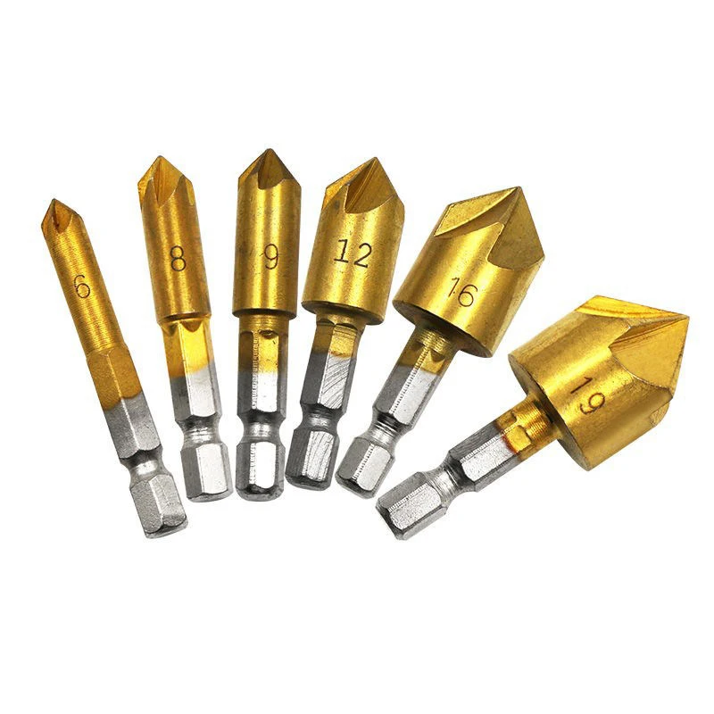 

6pcs Countersink Chamfer Drill Bit Set 1/4'' Hex Shank HSS 5 Flute Countersink 90 Degree Wood Chamfering Cutter 6mm-19mm