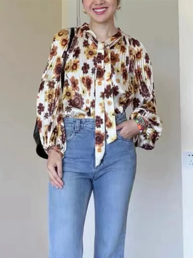 

Women Vintage Print Pleated Blouse O-Neck With Lace-Up Long Sleeve Casual Shirt