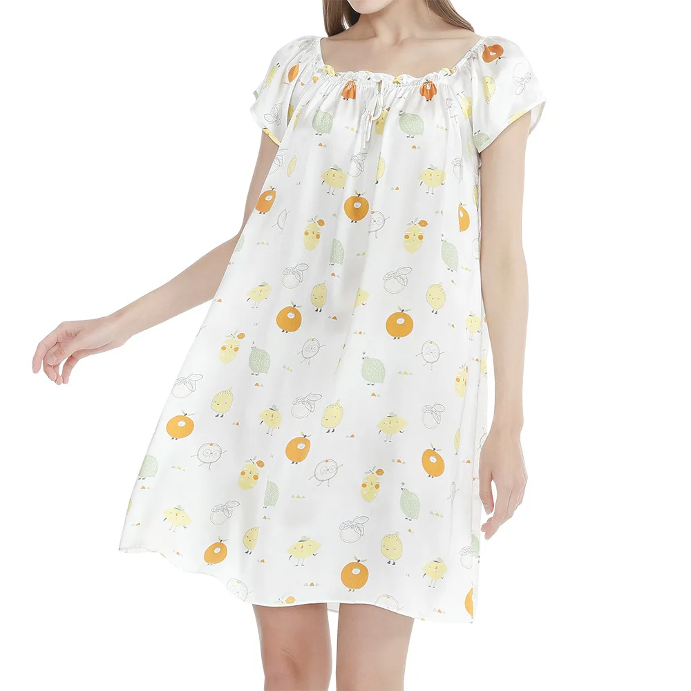 2022 New Silk Nightdress Large Loose Print Medium Skirt Home Clothes 100 Silk Princess Skirt Sexy Sleepwear  Victorian Dress