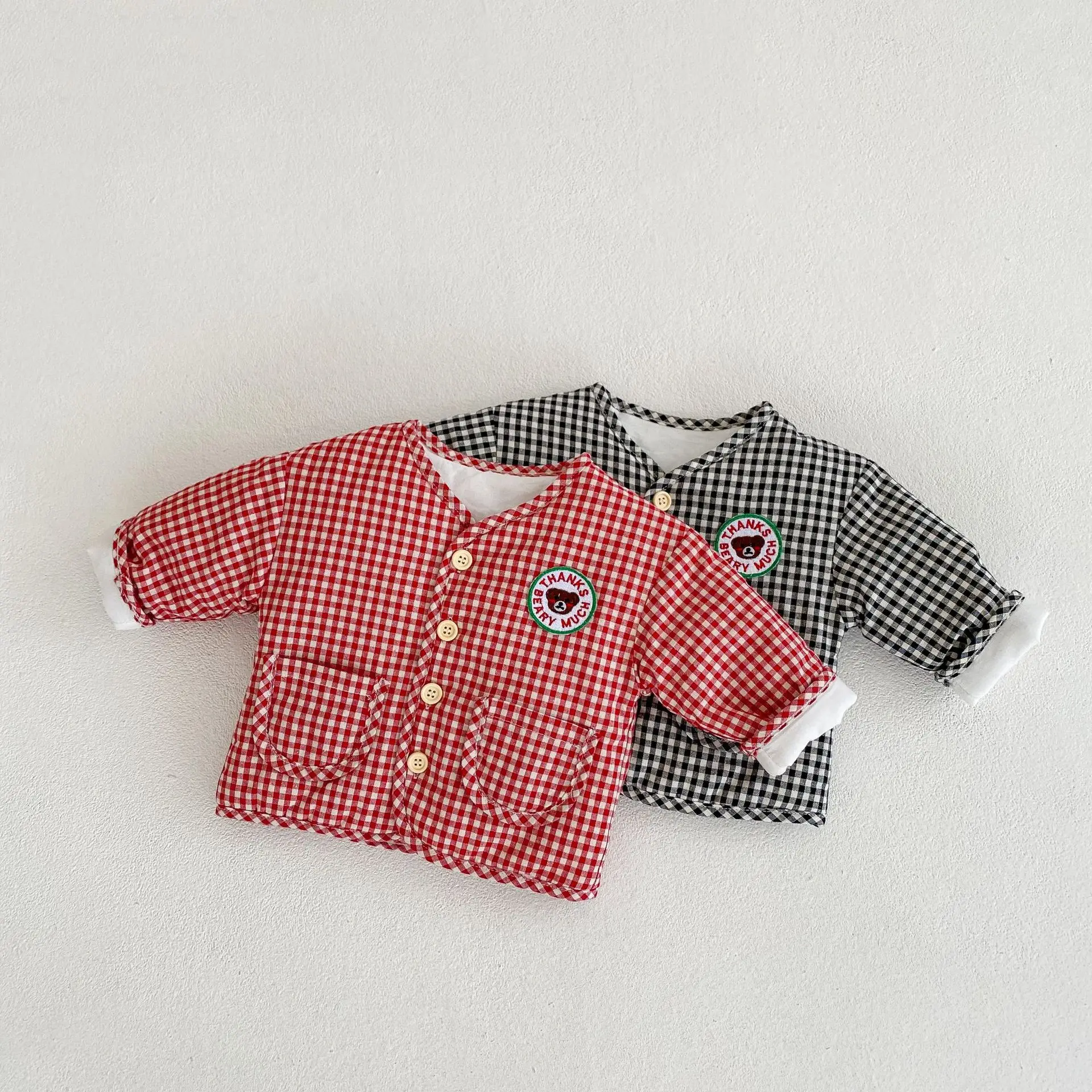 

2022 Autumn Winter New Kid Plaid Thicken Cotton Coat Girl Toddler Cardigan Cartoon Bear Long Sleeves Tops Boy Baby Letter Jacket