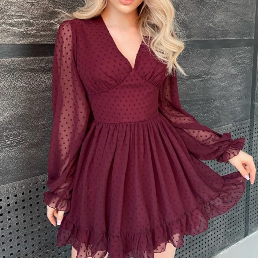 

Dot Ruffles Deep V Neck Dress Solid Lantern Sleeve Dresses Women Summer Breathable Comfortable New A Line Mini Chiffon Dresses