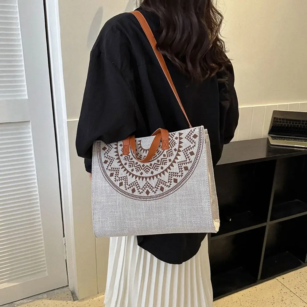 

Flower Canvas Tote Bag Elegant Stripe Printed Japanese Style Large Capacity Streetwear