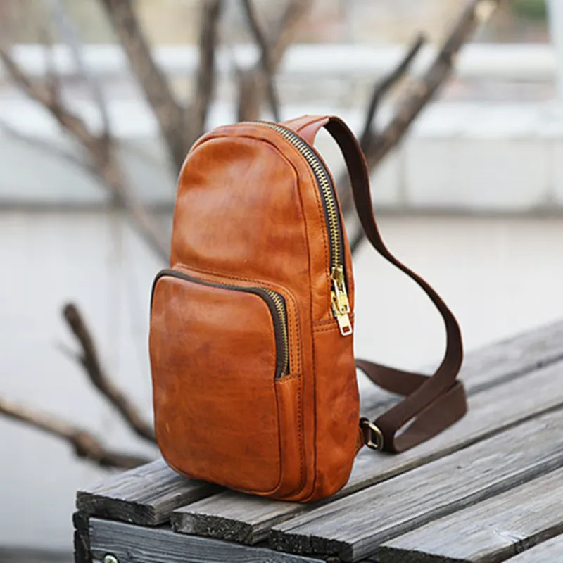 Fashion Luxury Designer Top cowhide Men Small Chest Bag Vintage Hand Maker genuine Leather Sports Lightweight male Messenger Bag