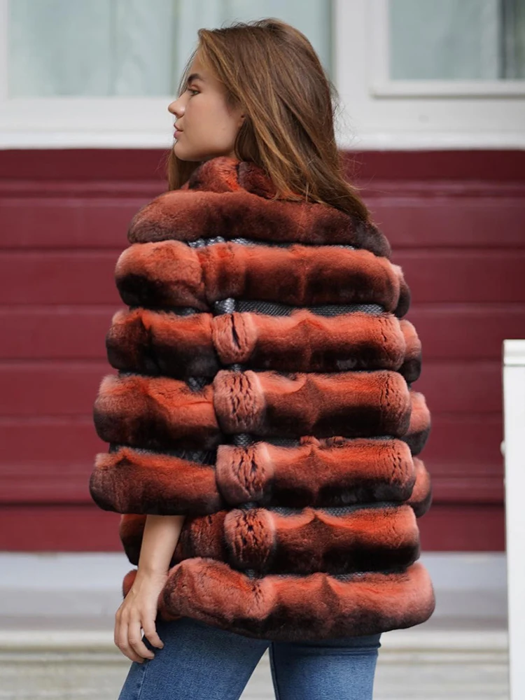 Brick Red Chinchilla Fur Coat Women Luxury Genuine Casual Loose Outertwear Strip Sewed Real Rex Rabbit Fur Jacket Female enlarge