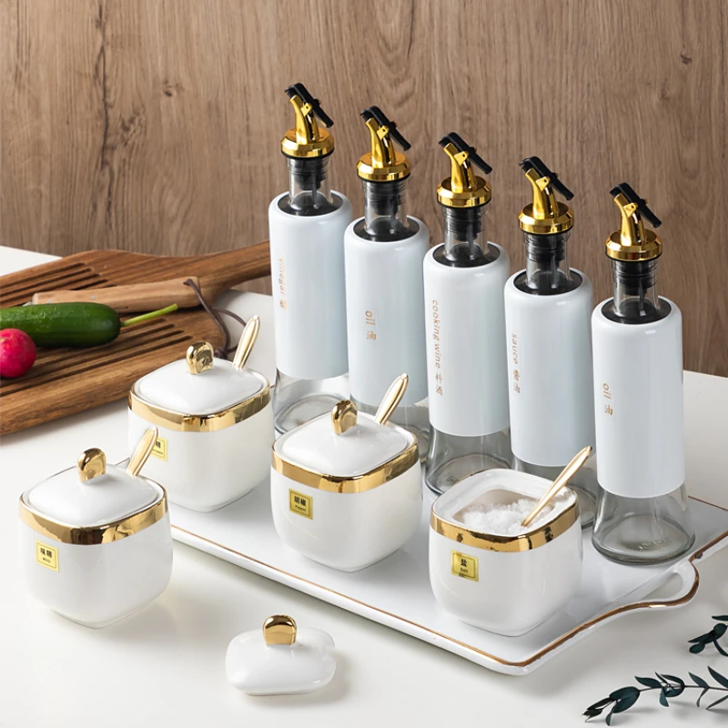

Ceramic Spice Jar Salt Pepper Shakers Sugar Oil Bottle Condiment Dispenser Seasoning Jar Organizer Especiero Kitchen Accessories