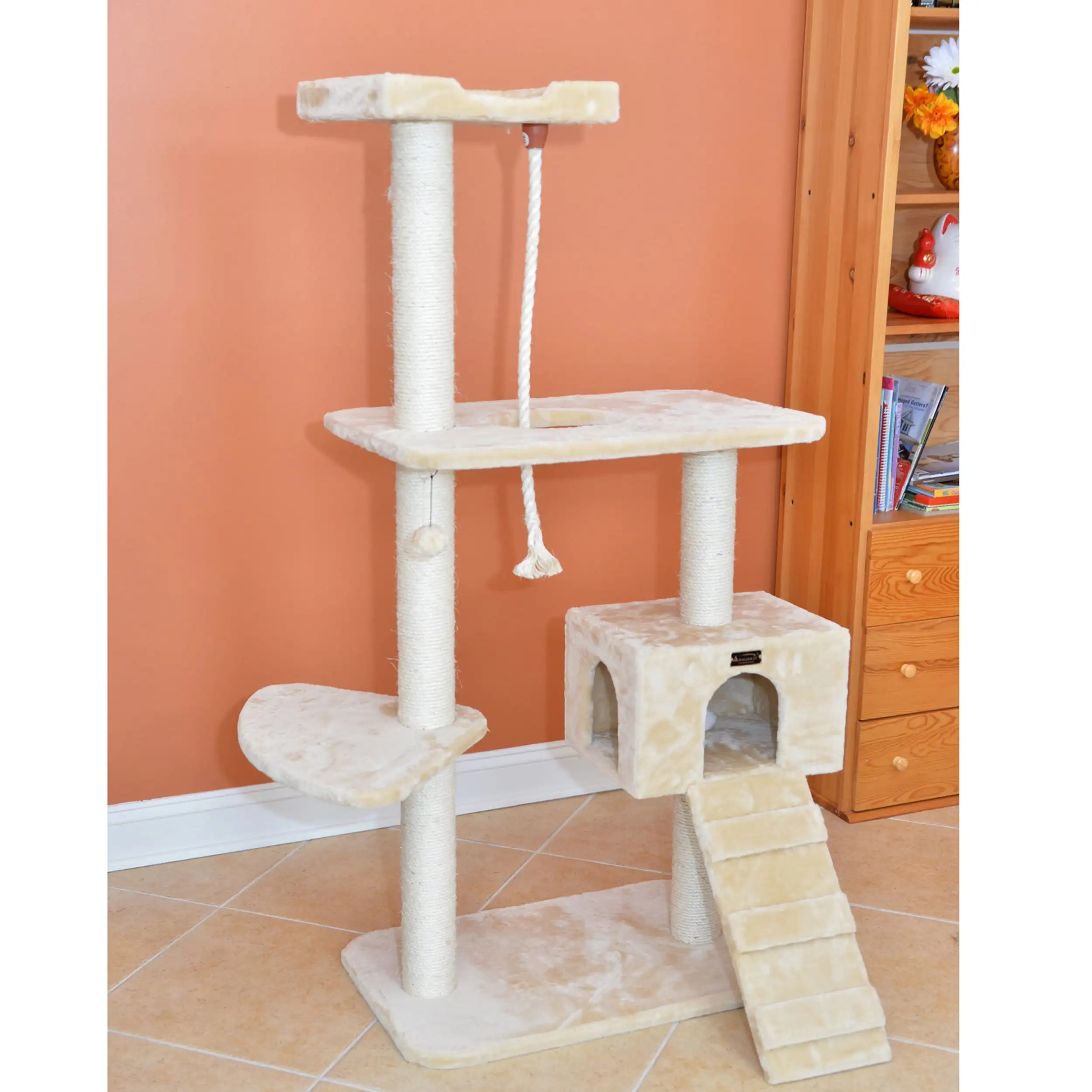

58-in real wood Cat Tree & Condo Scratching Post Tower, Beige