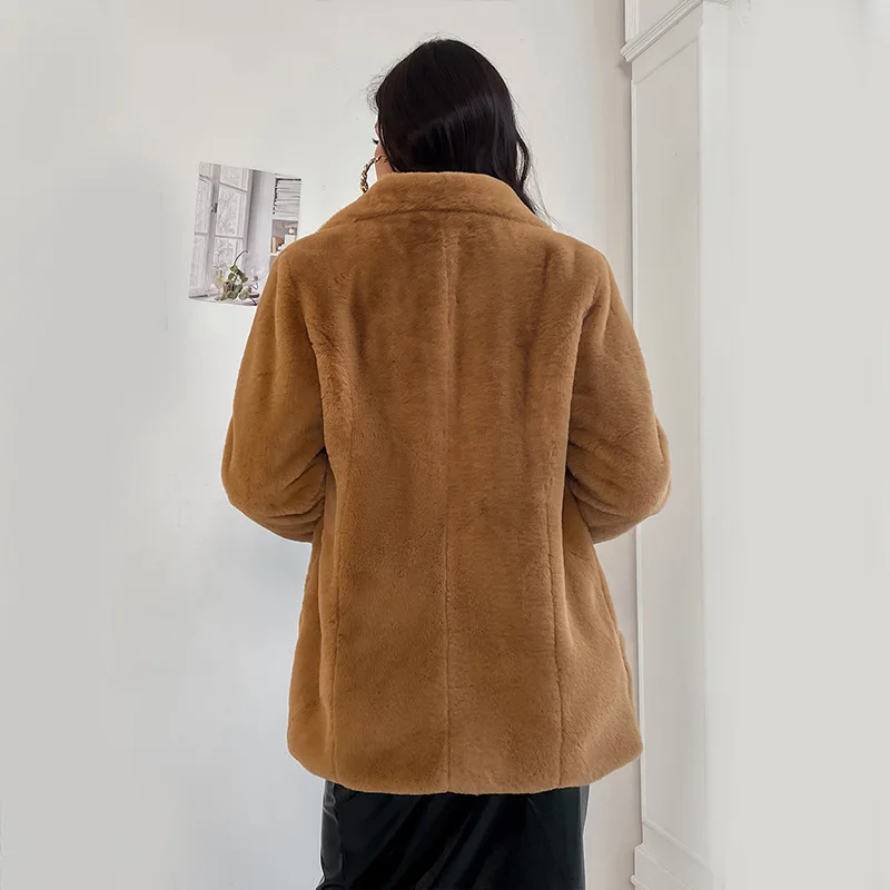 Autumn Winter Women's Clothing Khaki Mid-length Imitation Fur Coat Women's Stitching Warm Thick Faux Fur Coat Free Shipping