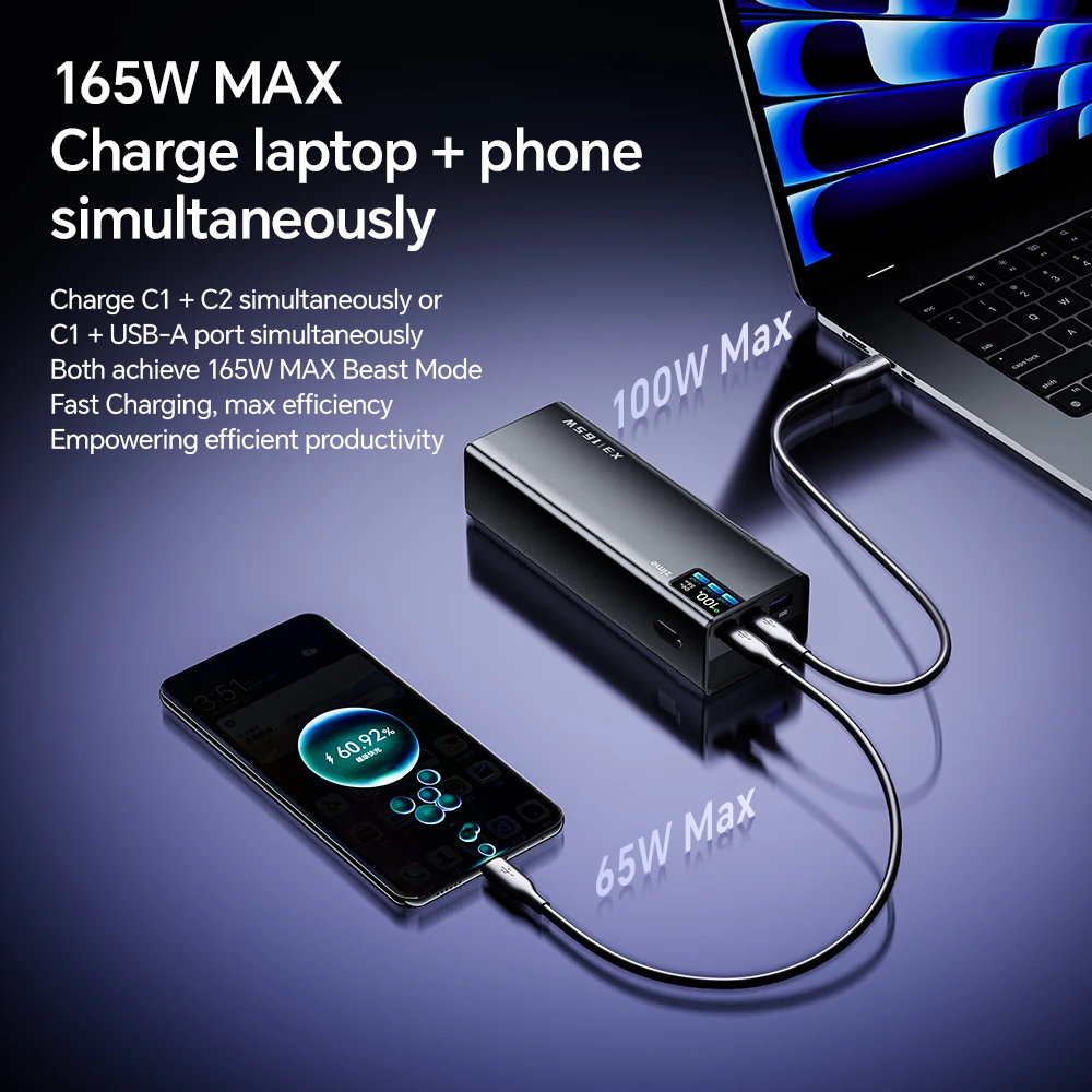 Фото Внешний аккумулятор Zime 165W 20000mAh с поддержкой быстрой зарядки PD3.0 PPS для Macbook, планшетов, iPhone 17, 16. Двусторонняя быстрая зарядка. №3