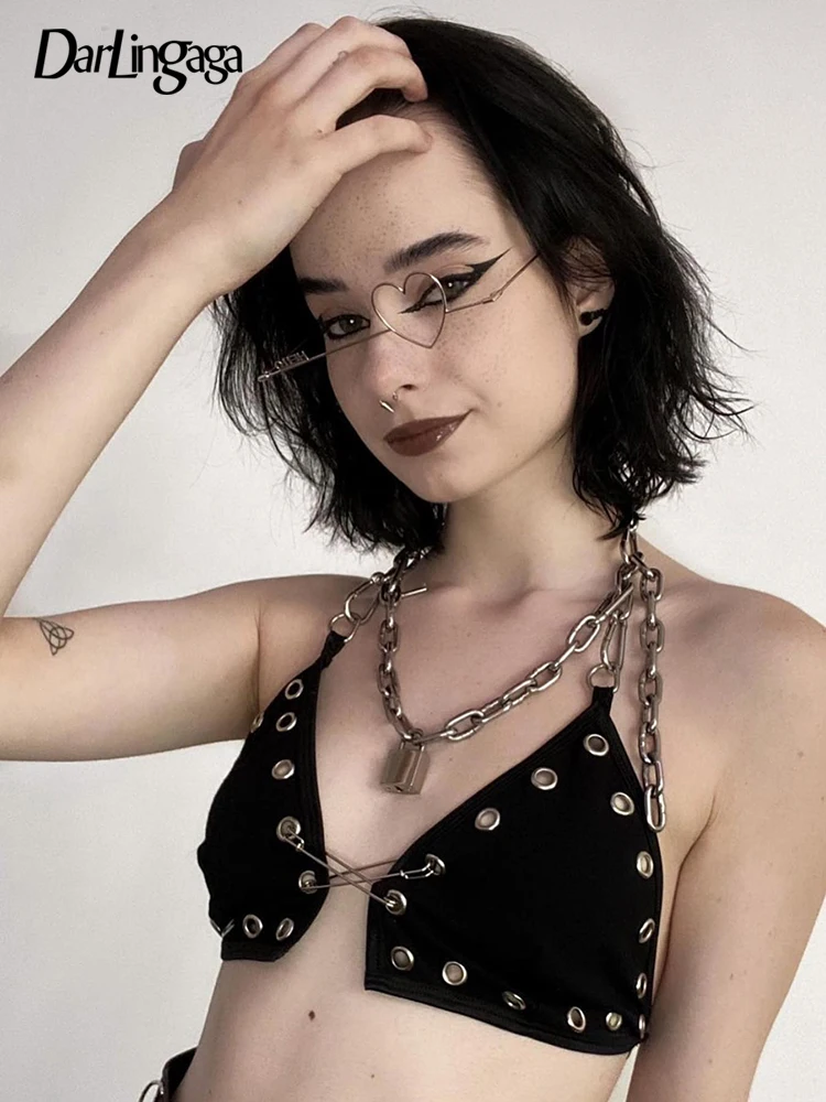 

Darlingaga Streetwear Punk Style Gothic Dark Halter Sexy Tops Camisole Metal Chain Eyelet Crop Top Bra Women Clubwear Summer Hot