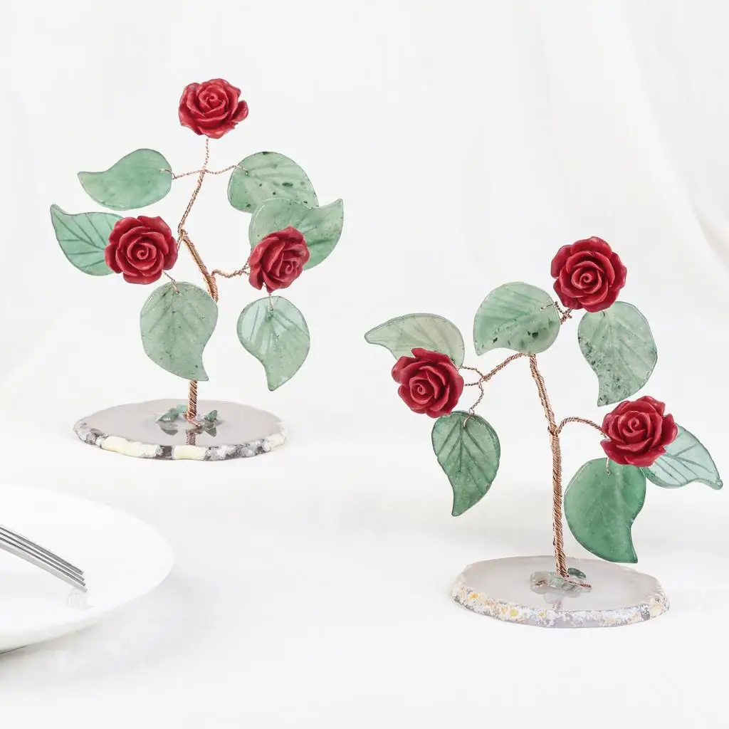 Red Rose Crystal Tree With Green Aventurine Leaves Natural Agate Slice Base For Nordic Home Decoration Ornaments