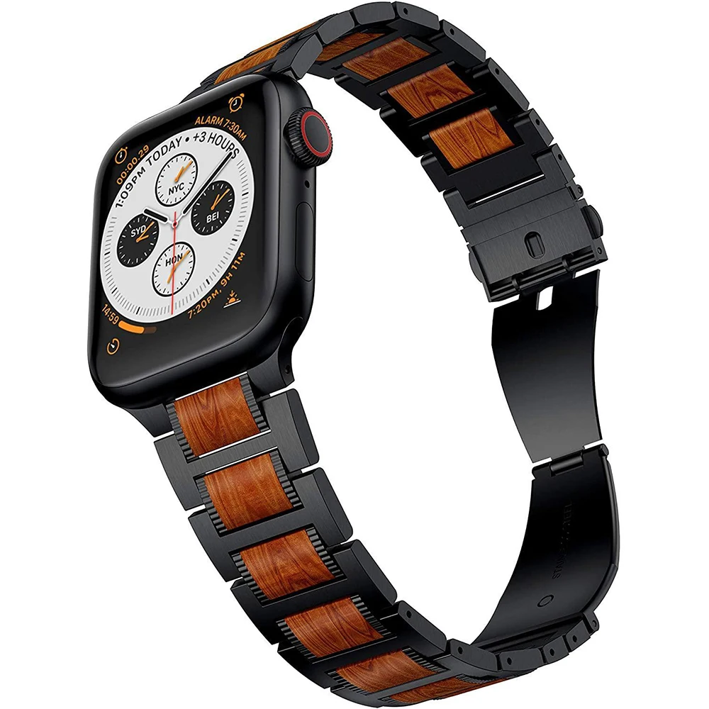 High-end Wooden Metal Strap for Apple Watch 45mm 41mm 44mm 42mm 40mm 38mm Stainless Steel Link Bracelet for iWatch 8 7 6 5 4 3SE