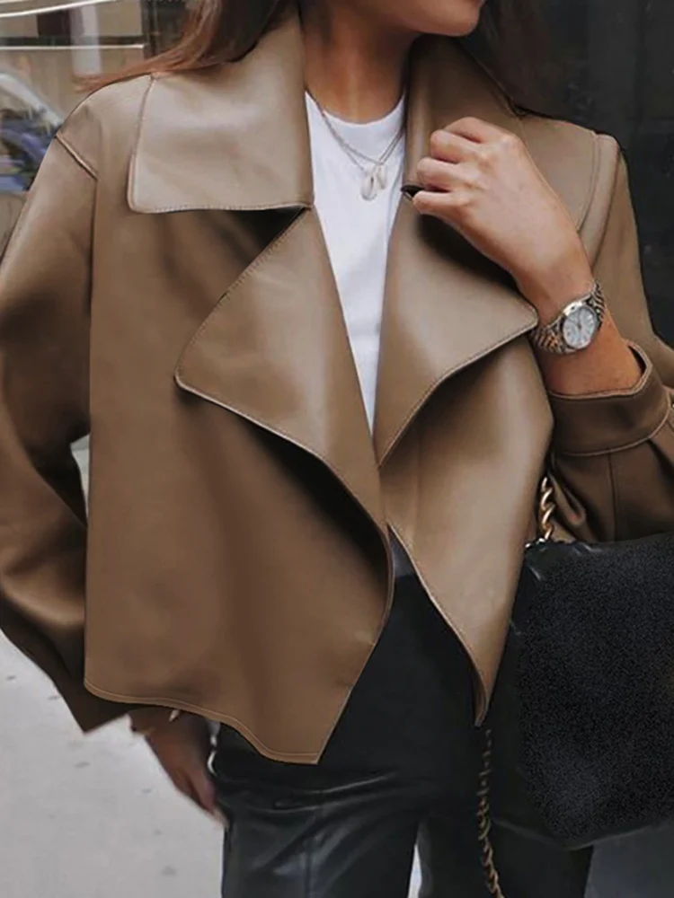 

Celmia Chic Faux Leather Outerwear Fashion Lapel Collar Short Jackets 2022 Autumn Women Long Sleeve PU Leather Coats Streetwear