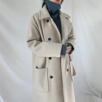autumn and winter 2022 new korean version of pure color commuter suit collar double breasted temperament woolen coat women