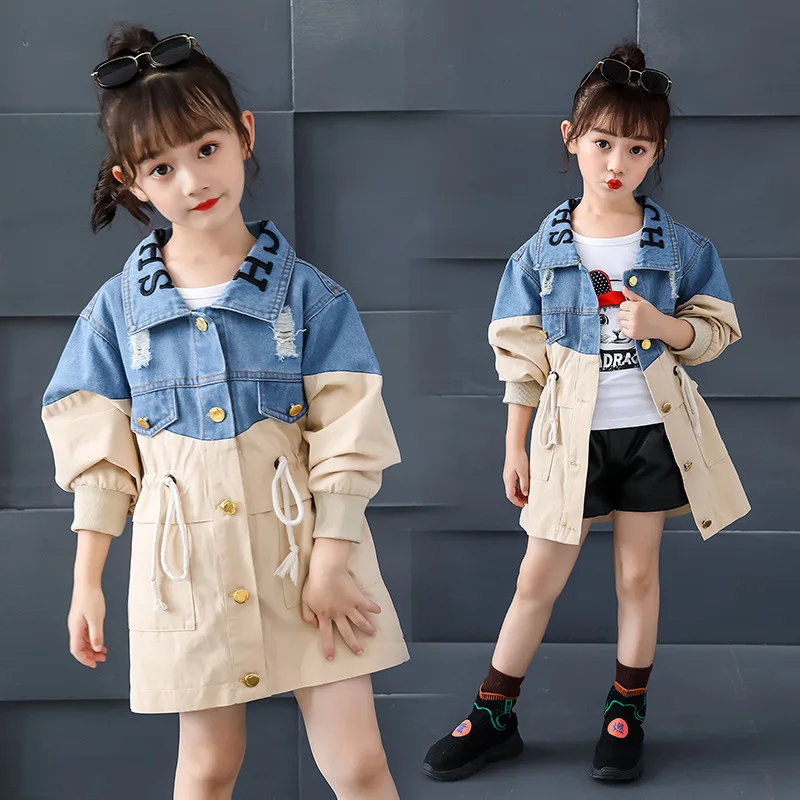 

Girls Jacket Sale splice Jean jacket Teens Outerwear Kids Clothes Baby Girl Denim Coats qualities girls clothes Long sectioncoat