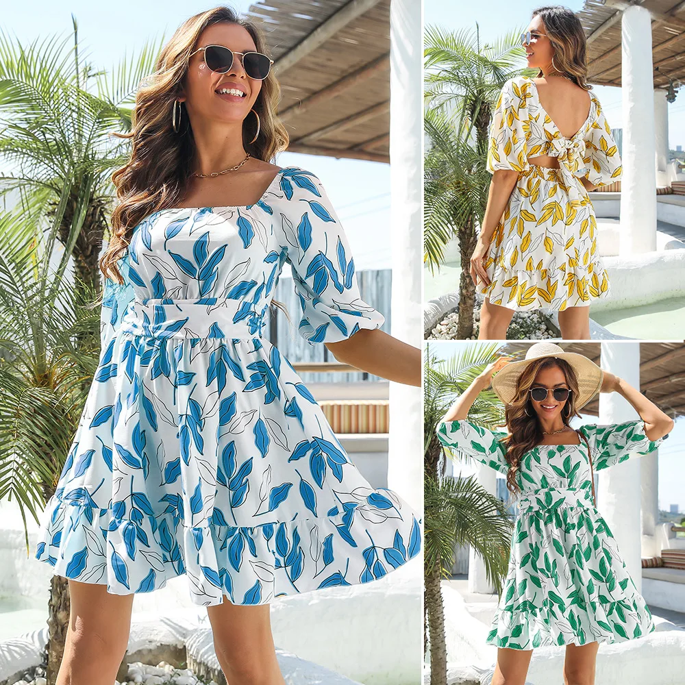 

Vacation Style Dress Ruffle Edge Square Neck Tie Mini Short Dress for Women's Summer Clothing Beach Printed Half Sleeve Dresses