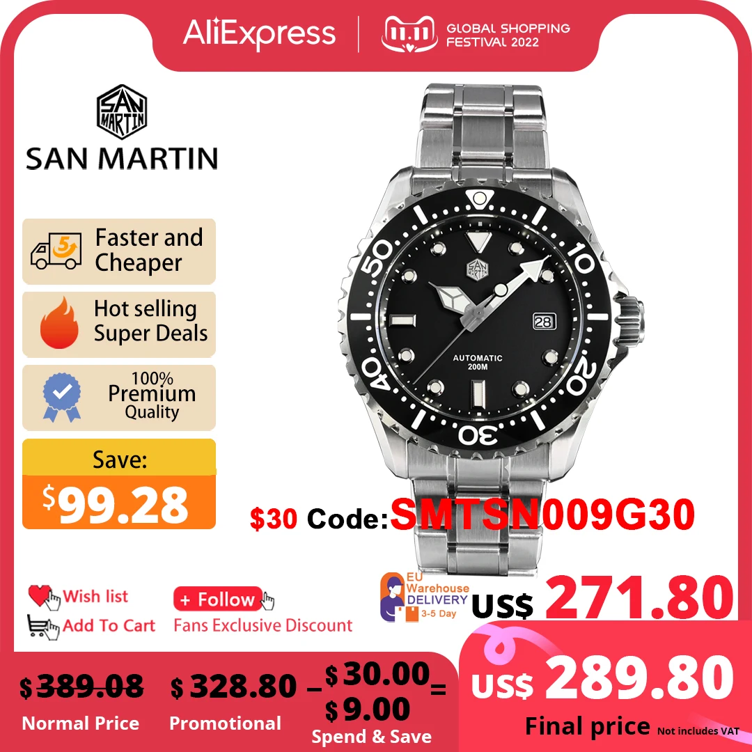 Продажа Роскошные мужские часы San Martin 44 мм, классические высококачественные сапфировые автоматические механические часы PT5000 BGW9 с датой 20 бар Reloj