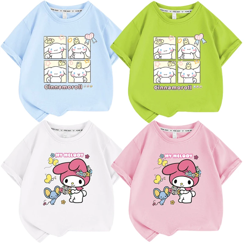 

Sanrios аниме мультфильм Cinnamoroll My Melody Детская летняя одежда Топы с коротким рукавом Милая футболка с коротким рукавом для девочек