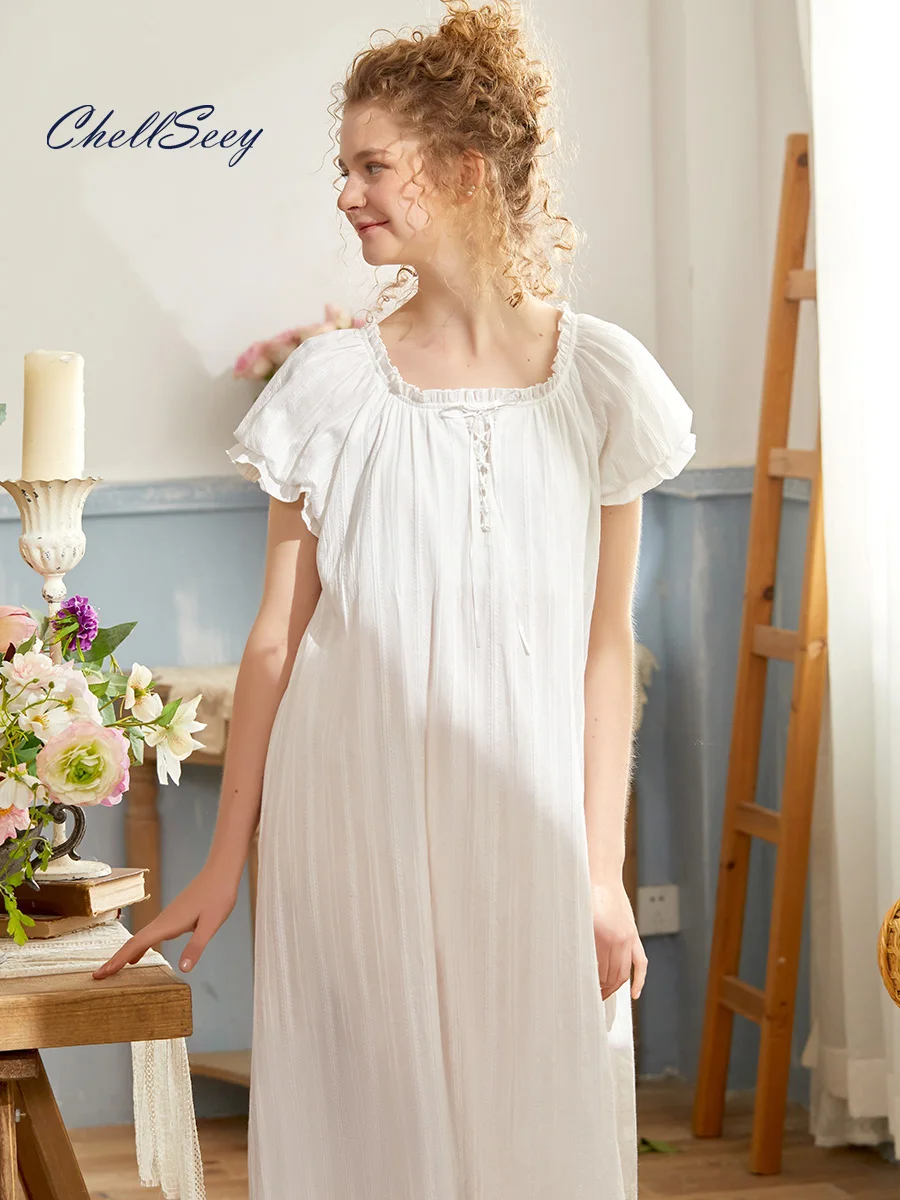 

Chellseey Women's Summer French Loose Thin Cute Section Round Neck Short Sleeve Nightdress Sweet Princess Home Clothes Pajamas