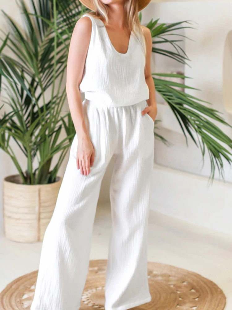 

Linad Cotton Pajamas For Women 2 Piece Sets White Sleeveless V Neck Sleepwear Female Summer Casual Trouser Suits Loose Homewear