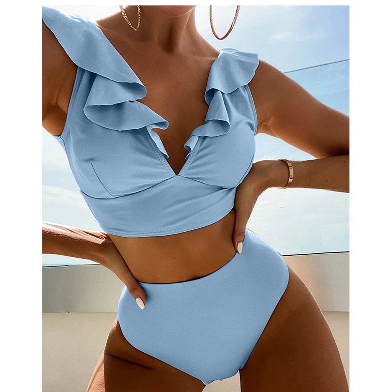 

Ruffle Bikini 2022 Deep V Women High Waist Swimsuit Push Up Bikinis Set Summer Beach Wear Bathing Suit Female Solid Swimwear