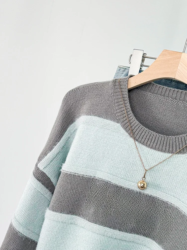 Inzevuka/Повседневный вязаный свитер в серую полоску женский осенне-зимний новый