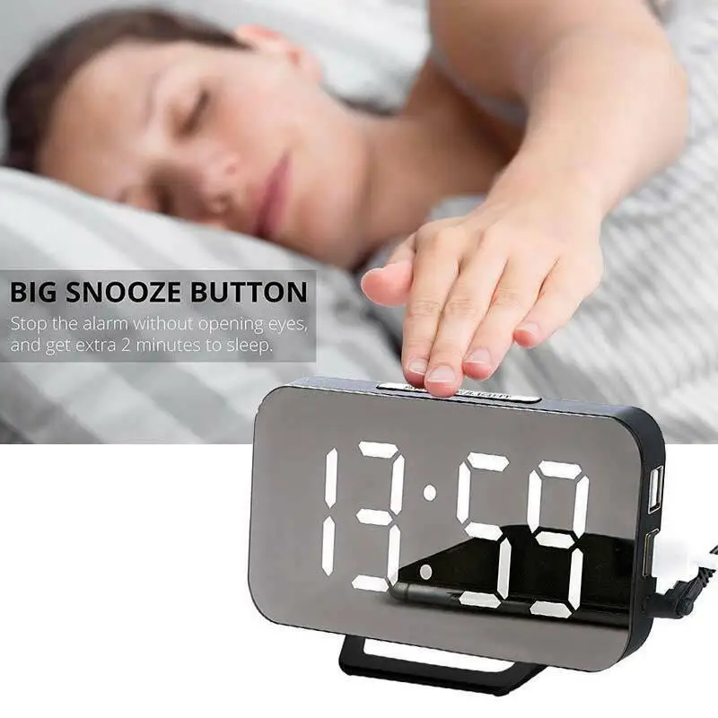 

Digital LED Alarm Clock Mirror 2 USB Charger Ports Night Light LED Table Clock Snooze Function Adjustable Brightness Desk Clocks