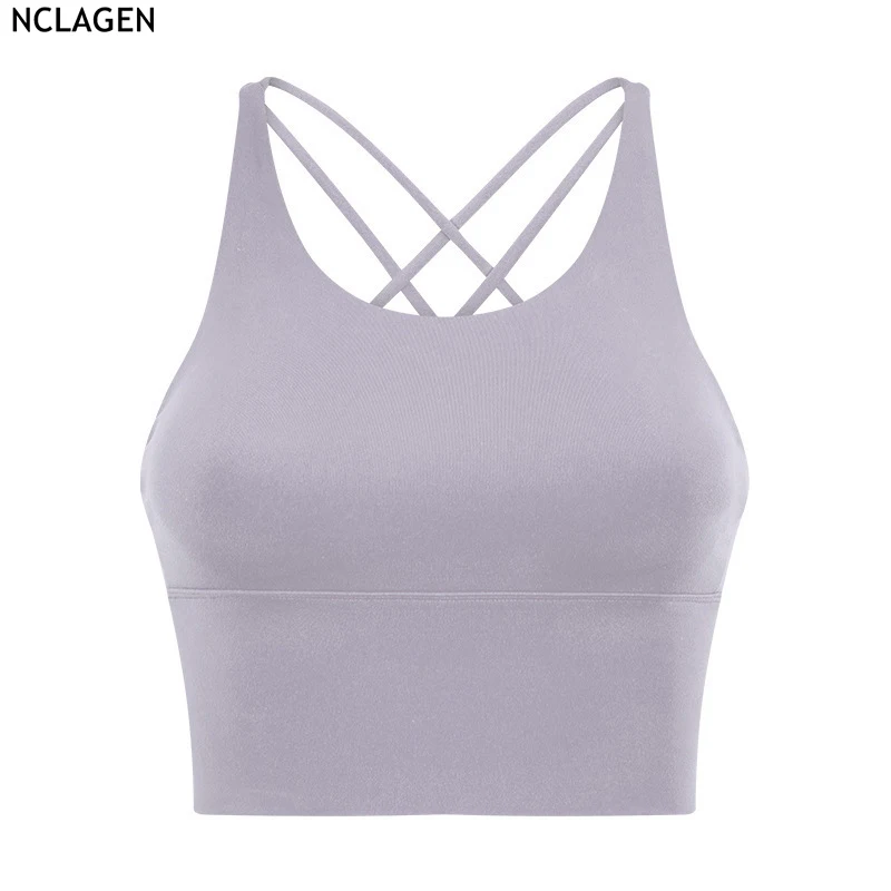 

NCLAGEN Solid Color Thin Shoulder Strap Cross Back Underwear Yoga Bra Gymwear Workout Sport Running Women Fitness Halter Top