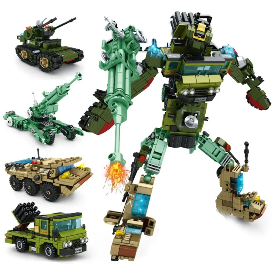 

892pcs 4 in 1 Military Transformation Robot Mecha Building Blocks Tank Army Truck Vehicle Bricks Toys For Children