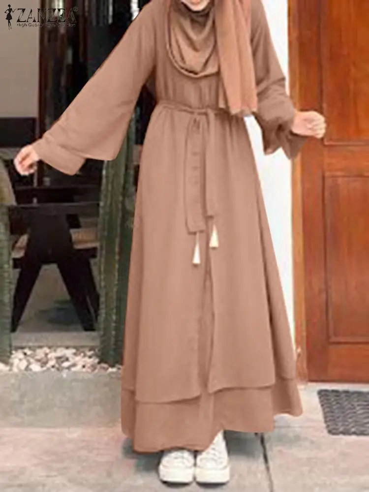 ZANZEA Long Sleeve O-Neck Solid Double Layer Maxi Vestidos Women Spring Muslim Dress Elegant Casual Kaftan Abaya Robe 2022