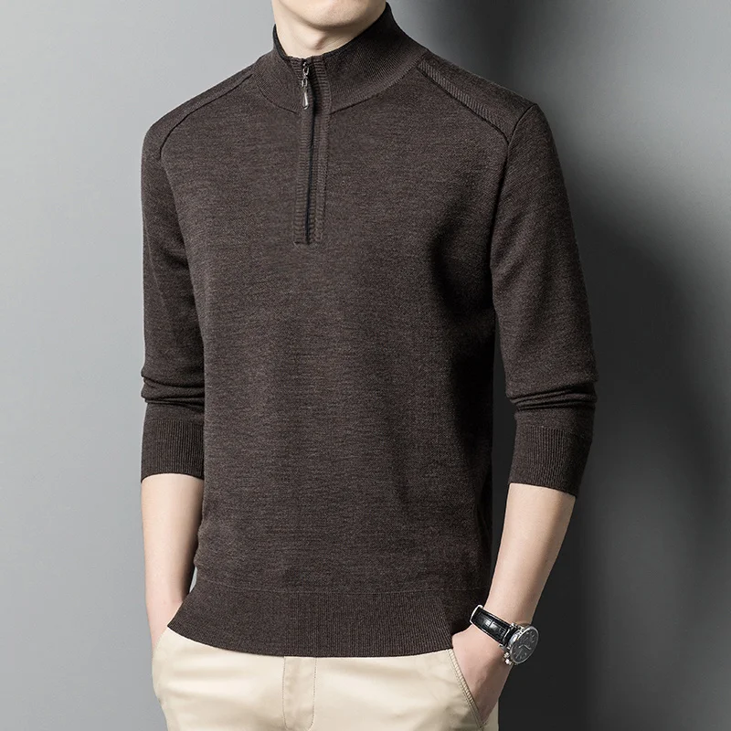 Men's 100% Pure Wool Autumn and Winter New Knitwear Bottoming Shirt Pullover Zip-up Turtleneck Thick Warm