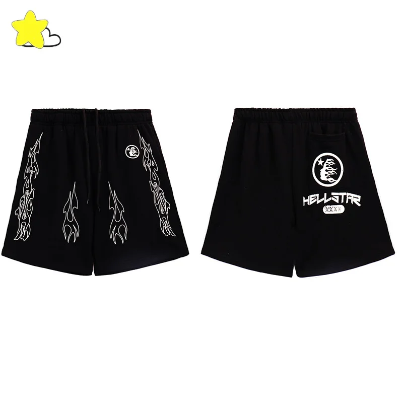 

Шорты женские и мужские на шнуровке, хлопковые повседневные бриджи с принтом в виде пламени, черные, уличная одежда, свободные