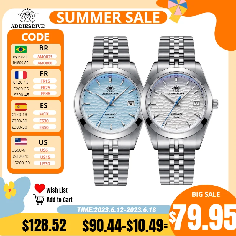 ADDIESDIVE European American Business Wrist Watch Automatic Mechanical Wrist Watch Man Luxury Silver Glow Waterproof Steel Watch