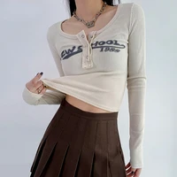 ledp women korean fashion streetwear vintage letter print crop tops grunge ribbed t shirts sexy slim long sleeve tee shirt