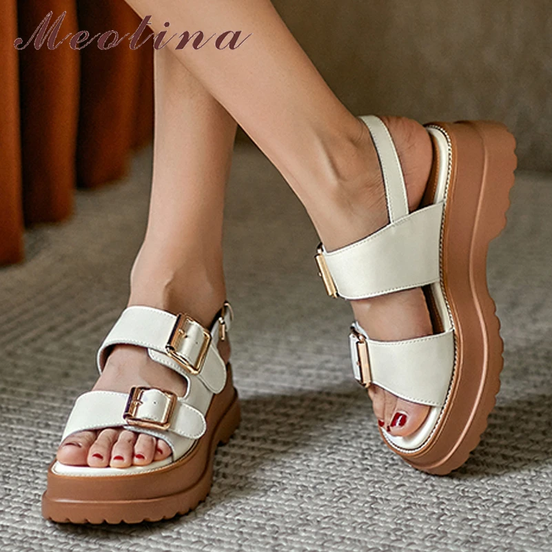 

Meotina Genuine Leather Women Fashion Shoes Platform Buckle Sandals Thick High Heels Ladies Footwear Summer Beige Brown 34-42