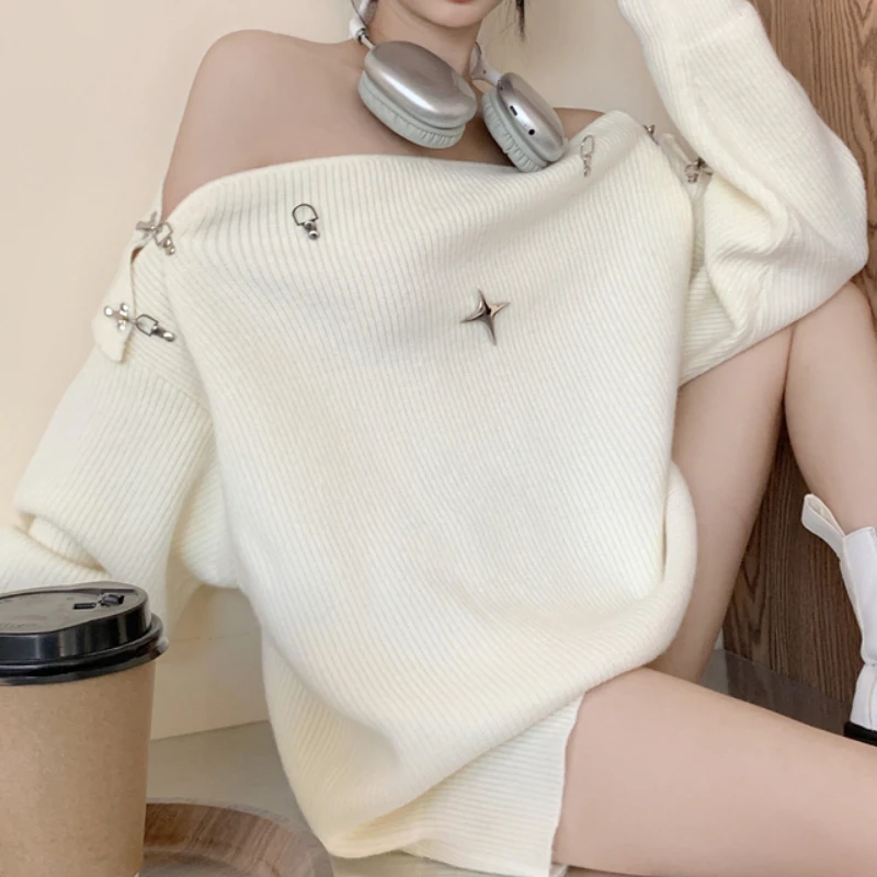 

Korean Fashion Star Cardigan Woman O Neck Clamp Long Sleeve Cardigans Women Loose Off Shoulder Knitted Sweater Top Dropshipping