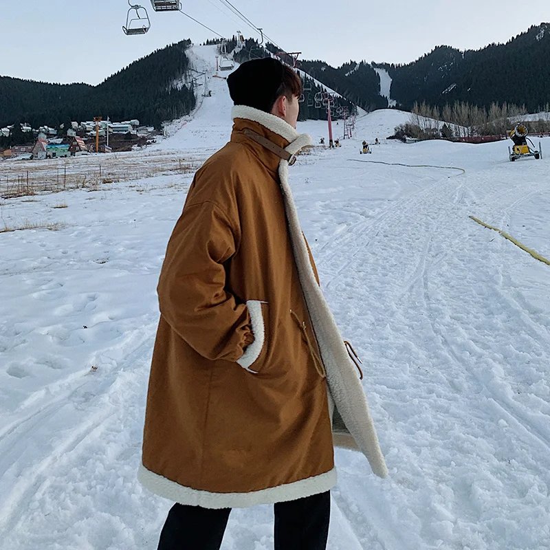 Winter Thicken Long Coat Men Warm Fashion Oversize Lamb Wool Jacket Men Korean Loose Thick Long Jacket Mens Overcoat M-2XL