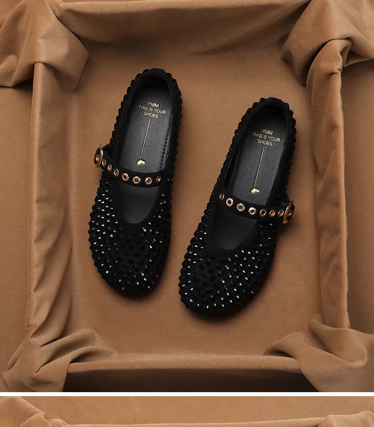 Фото Винтажные туфли SHOEBOX Mary Jane со стразами для женской летней коллекции, на плоской подошве, в стиле ретро, французские, с мягкой подошвой, одинарные. №5