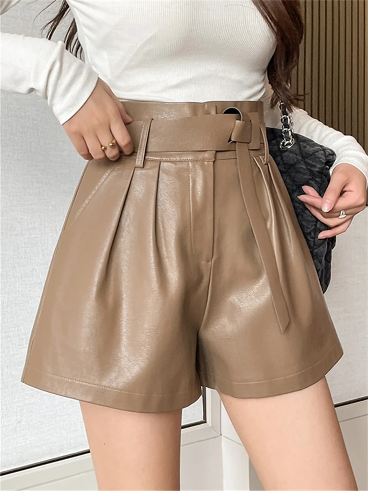 

2023 Autumn Winter Women's Faux PU Leather Shorts with Belted New High Waist Ladies Elegant Short Trousers Pocket Female