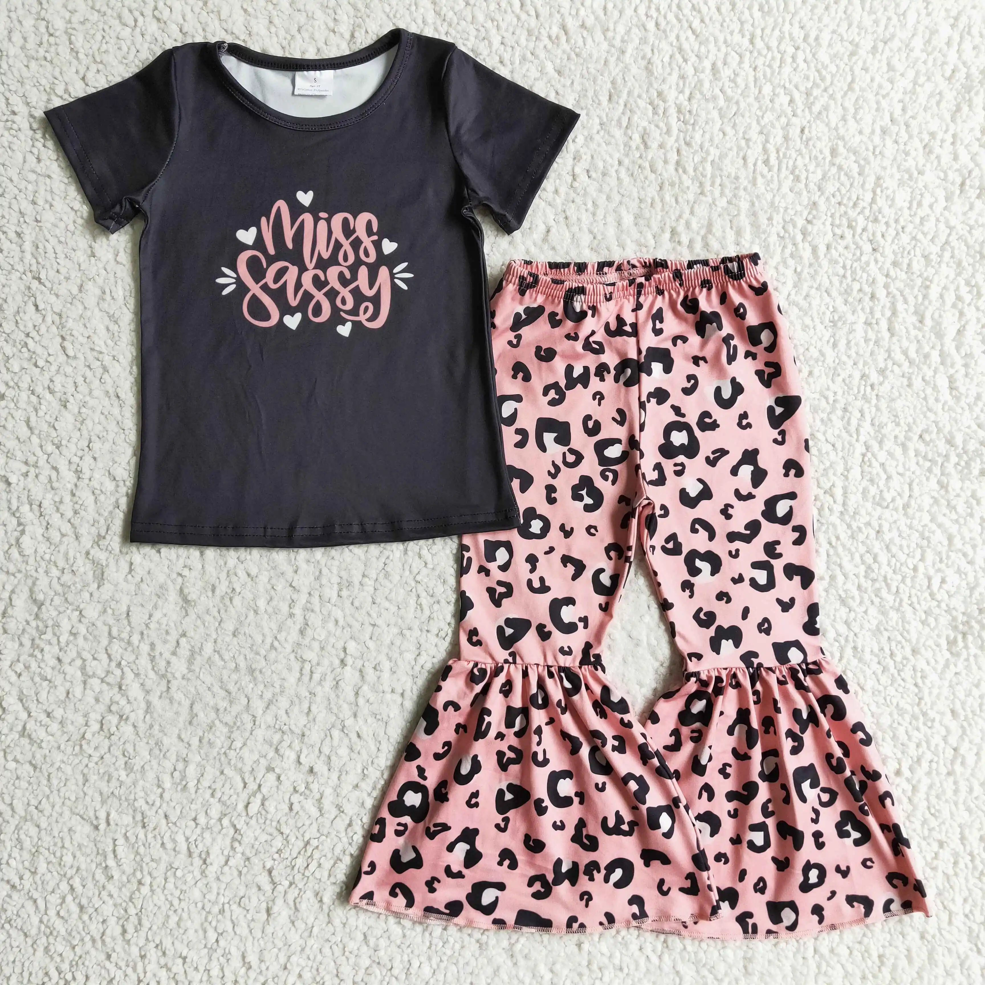 

Hot Sale NO MOQ RTS Children Black T Shirt Bell Bottoms Baby Girls Clothing Sets K​ids Sassy Boutique Outfits