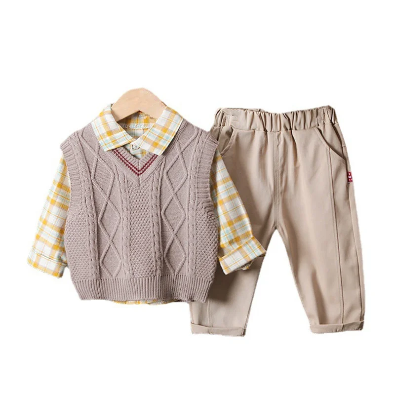 

New Spring Children Vest Plaid Shirt Pants 3Pcs/Set Toddler Casual Costume Kids Sportswear Autumn Baby Boys Fashion Clothes Suit