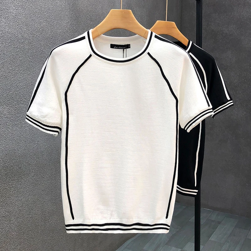 

Футболка мужская Трикотажная в полоску, модная эластичная приталенная, с коротким рукавом, в стиле пэчворк, с круглым вырезом, повседневная одежда, на лето
