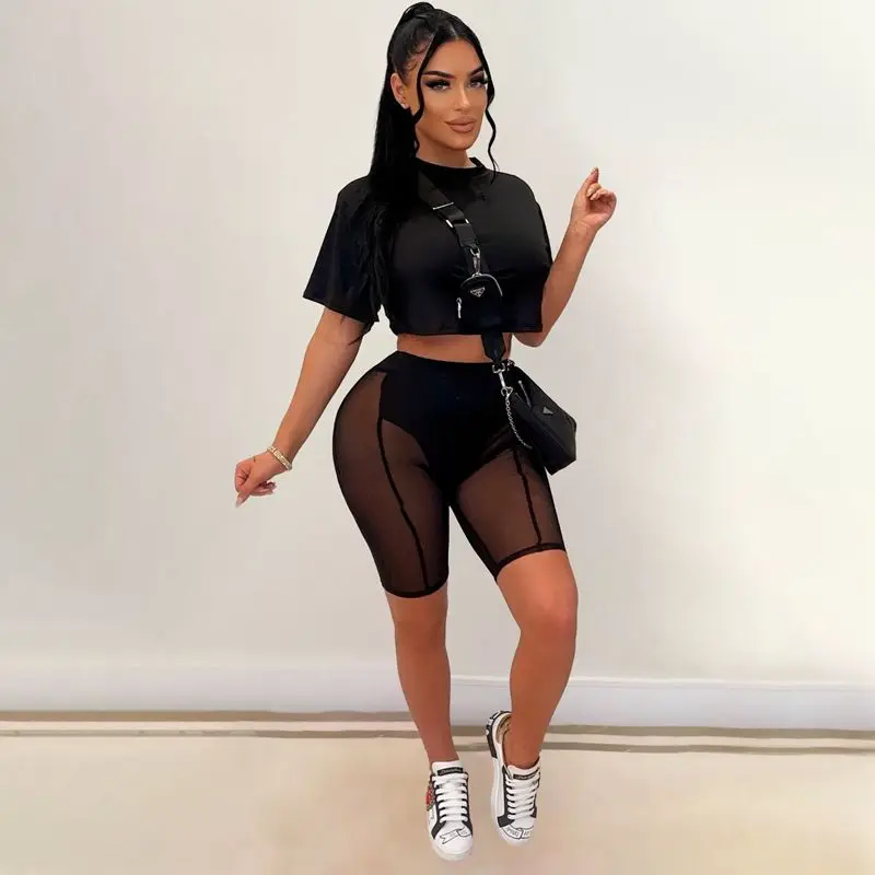 

Two Piece Sets Spring Summer Sexy Crop Top Fashion Mesh Shorts Set Tracksuits Women Vacation Club Outfits Streetwear Wholesale